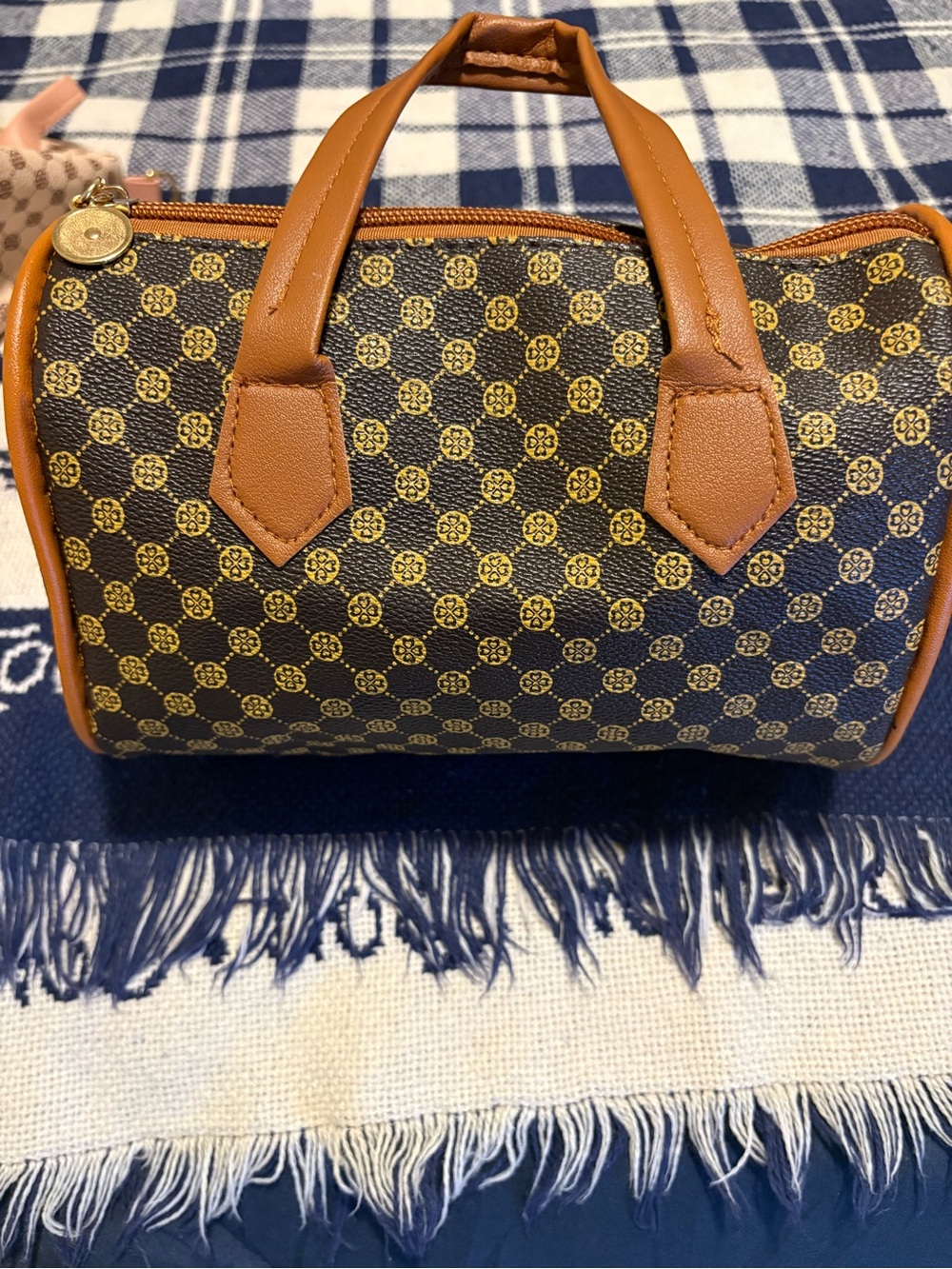 Brown Patterned mini Barrel Satchel Handbag